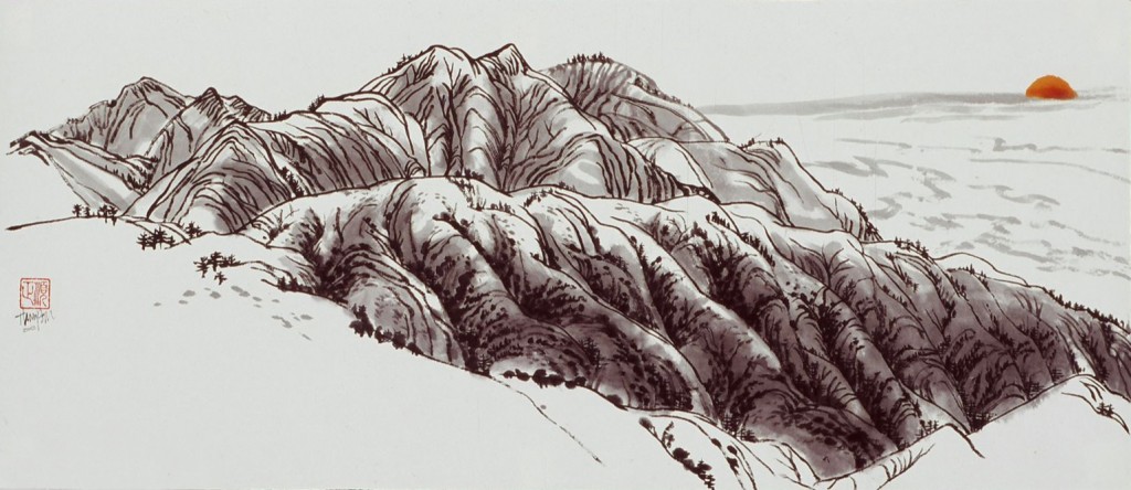 copyright Fran Thompson, 2002. "End of a High Sunlit Day, Big Sur." 12" by 27.5" ink and watercolor on paper.